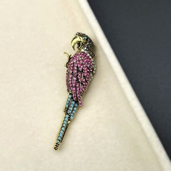 Yellow Gold with Pink Sapphire and Opal Crystal Tropical Parrot Pin Back Brooch - Picture 4 of 7
